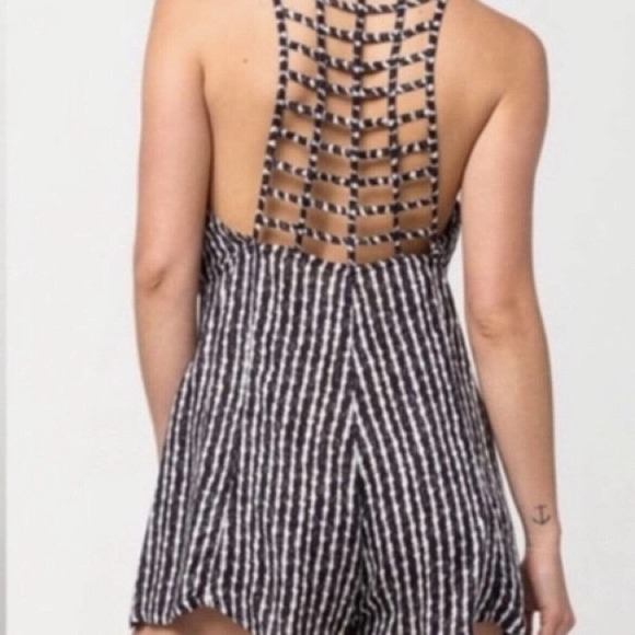 RVCA Pants - RVCA Black & White Tie Dye Lattice Strappy Caged Back Short Romper Size S